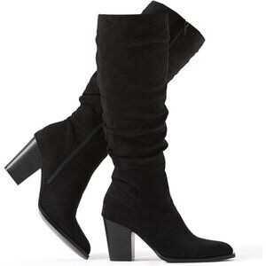 Women's Pointed Toe Knee High Faux Suede Slouch Black Boots Chunky Heel